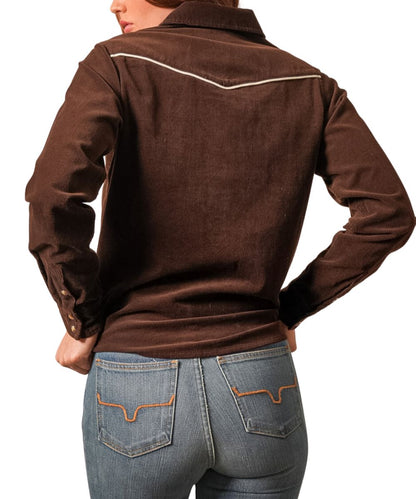 Back view of the women's espresso long sleeve snap shirt featuring the single point back yoke with contrast piping, and snap cuffs