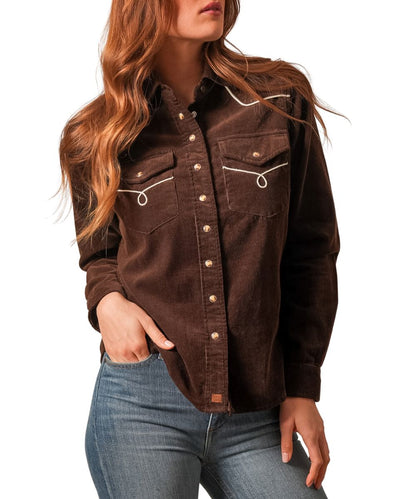 Front view of the women's espresso Kimes Ranch Lahi Snap Shirt featuring the brown velveteen fabric, tailored fit, spread collar, chest pockets, western yokes, pearl snaps, and contrast piping at the yokes and pockets