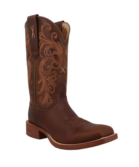 Right angled view of the women's 11" coffee & adobe leather tech x western boot featuring the contrast stitching on the shaft
