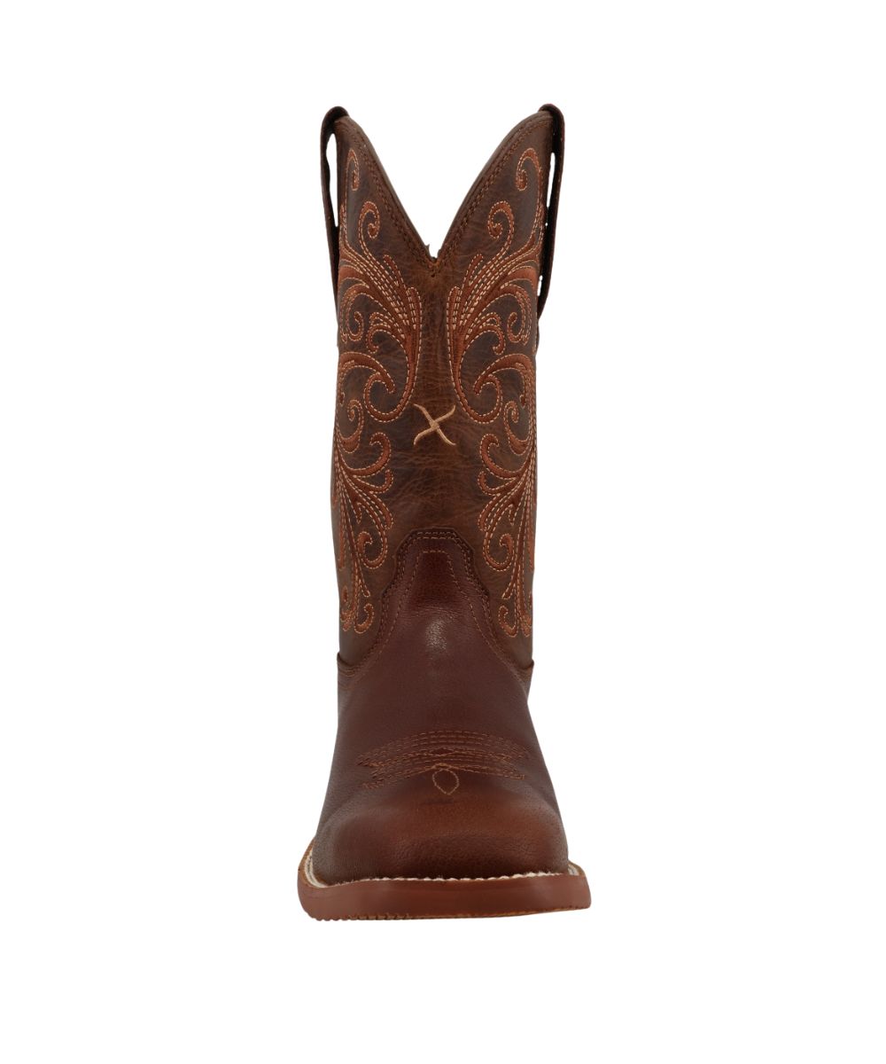 Front view of the women's 11" boot featuring the wide square toe