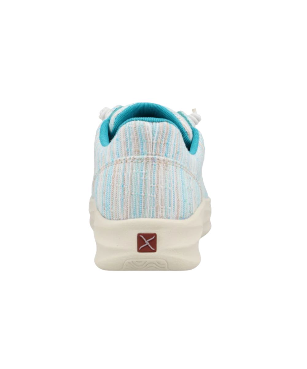 Heel view featuring light blue multicolored fabric upper and the logo on the heel