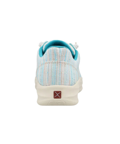 Heel view featuring light blue multicolored fabric upper and the logo on the heel