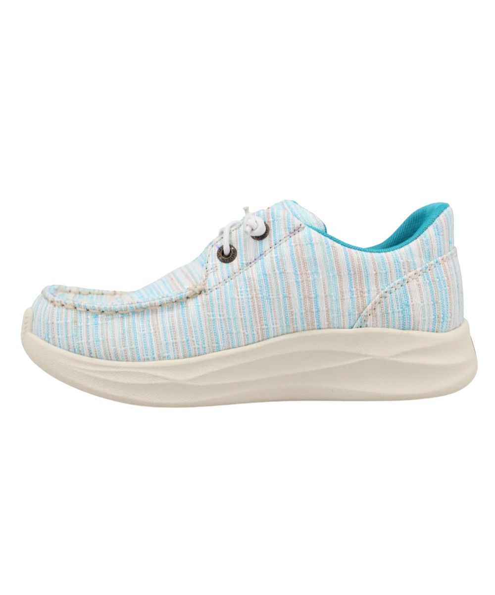 Left side view of the girl's light blue casual shoe featuring the lightweight fabric upper