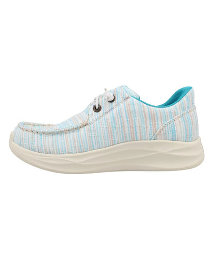 Left side view of the girl's light blue casual shoe featuring the lightweight fabric upper