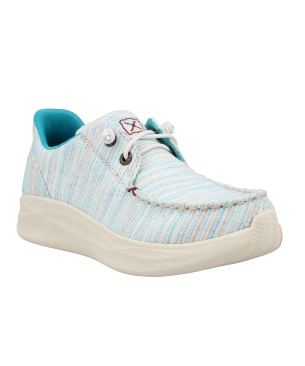 Right angled view of the girl's light blue Twisted X Feather X Casual Shoe featuring the slip-on entry with barrel knotted elastic laces