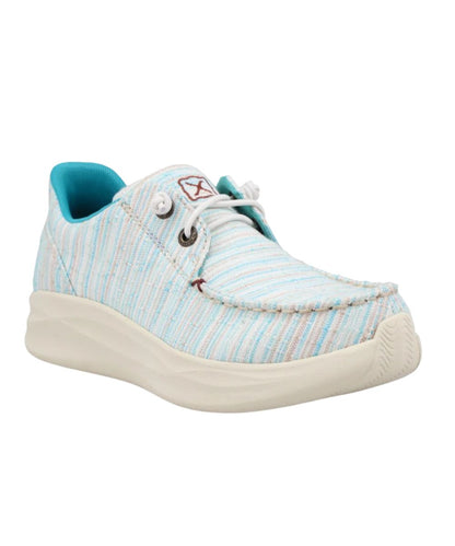 Right angled view of the girl's light blue Twisted X Feather X Casual Shoe featuring the slip-on entry with barrel knotted elastic laces