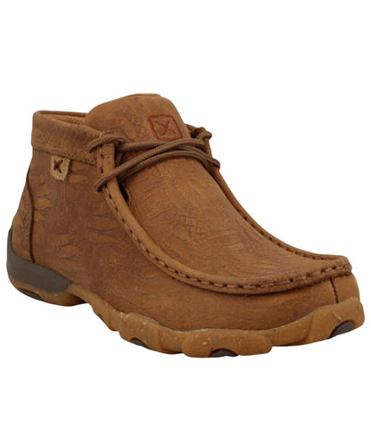 Kid's Brown Chukka Driving Moc Featuring A Leather Upper Reptile Footprint Pattern