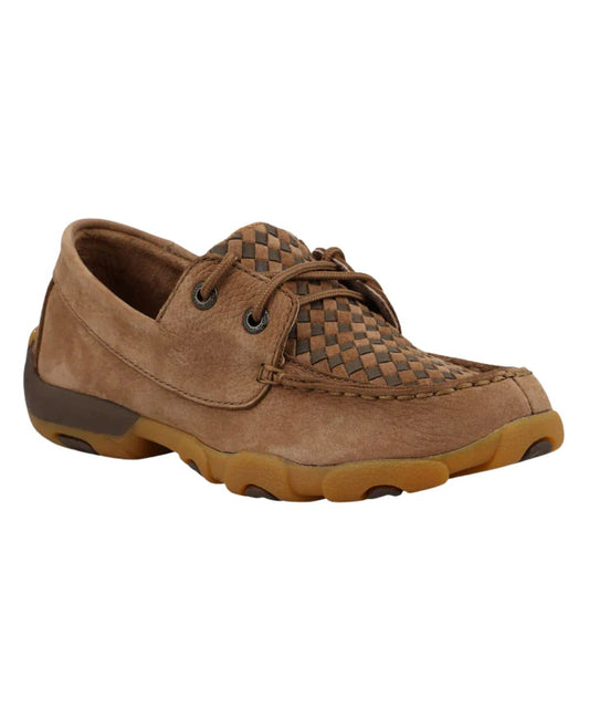 Youth Boat Driving Moc Shoe Featuring A Woven Leather Vamp And Leather Upper With Lace-Up Entry