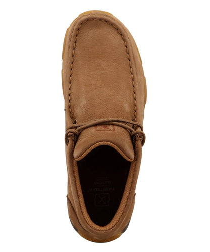 Bird's eye view of the kid's chukka driving moc shoe featuring a rounded moc toe, lace entry, cushioned insole, and eco-friendly construction.