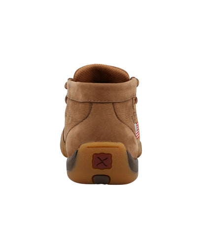 Heel view of the youth chukka driving moc featuring a smooth camel brown color.