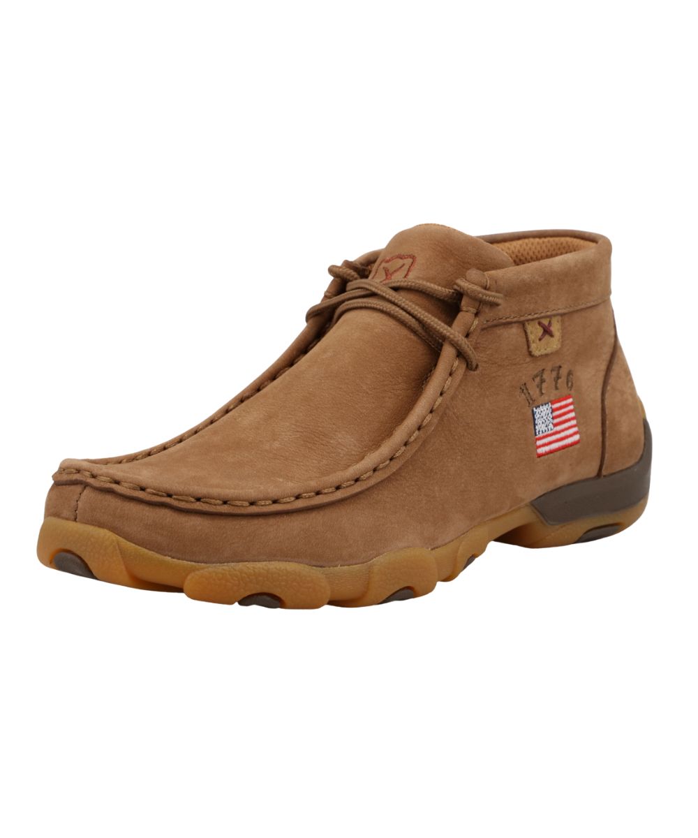 Side view of the kid's Twisted X shoe in camel featuring American pride.