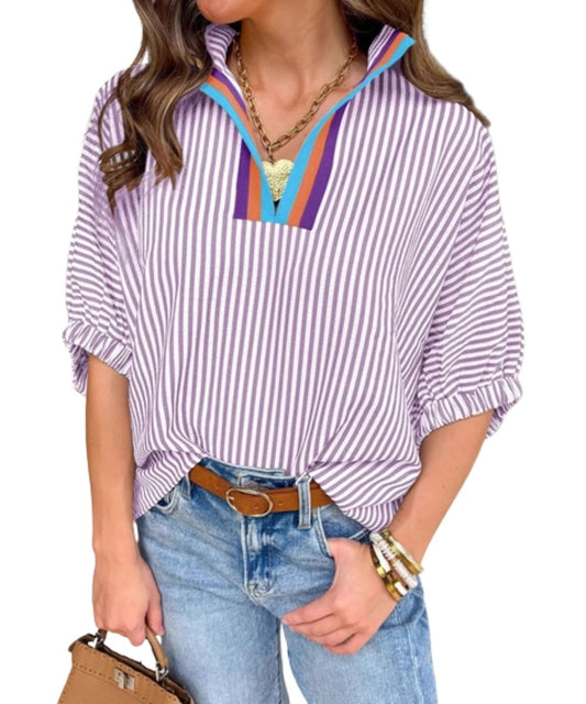 Front view of the women's lavender striped blouse featuring the colorblock contrast collar trim and v-neckline
