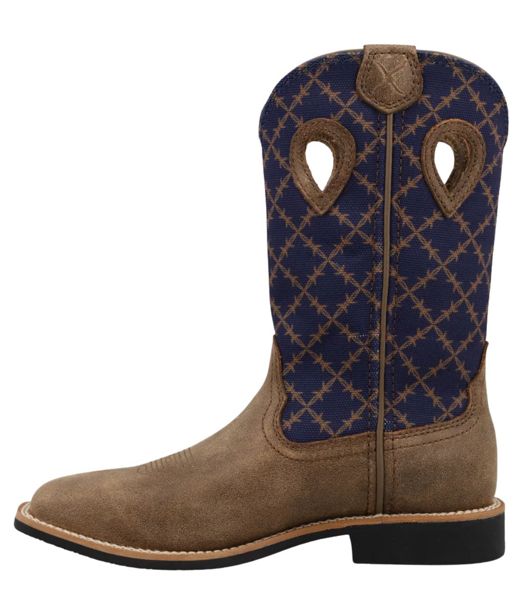 Left side view of the western youth boot featuring a bomber brown leather vamp and navy blue fabric shaft with a barbed wire design