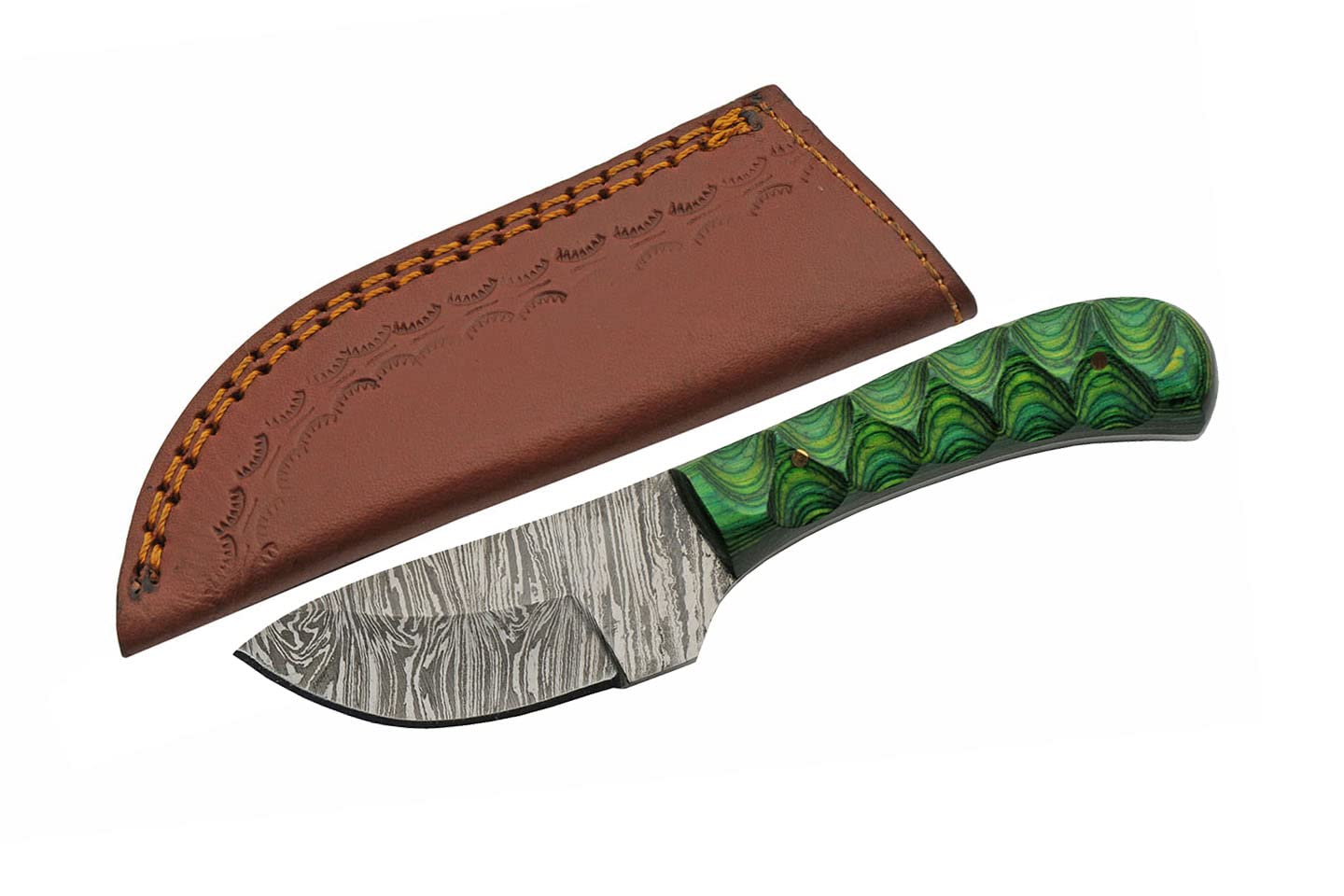 Double D Hunting Sanz Green Damascus Grooved Wood Handle Skinner Knife