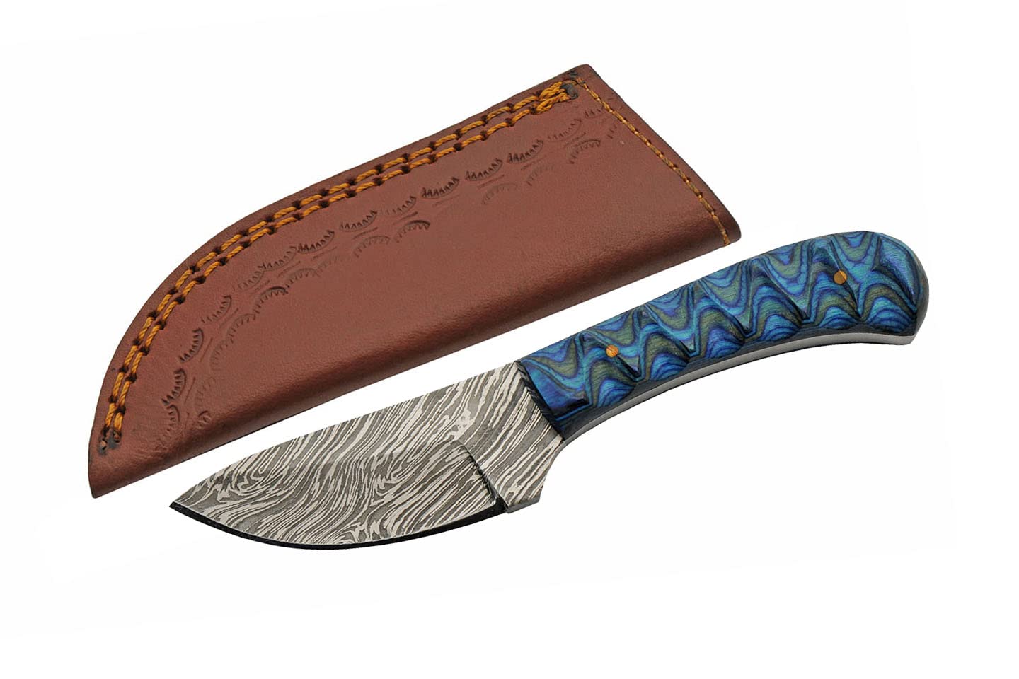 Double D Hunting Sanz Sapphire Damascus Grooved Wood Handle Full Tang Skinner Knife