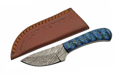 Double D Hunting Sanz Sapphire Damascus Grooved Wood Handle Full Tang Skinner Knife