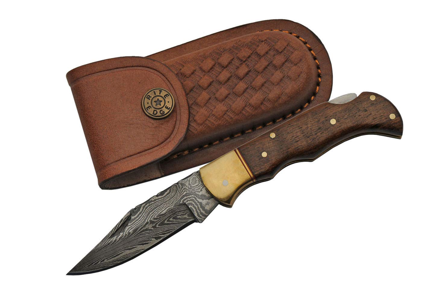 Double D Damascus Brown Wood Handle Lock Back Pocket Knife