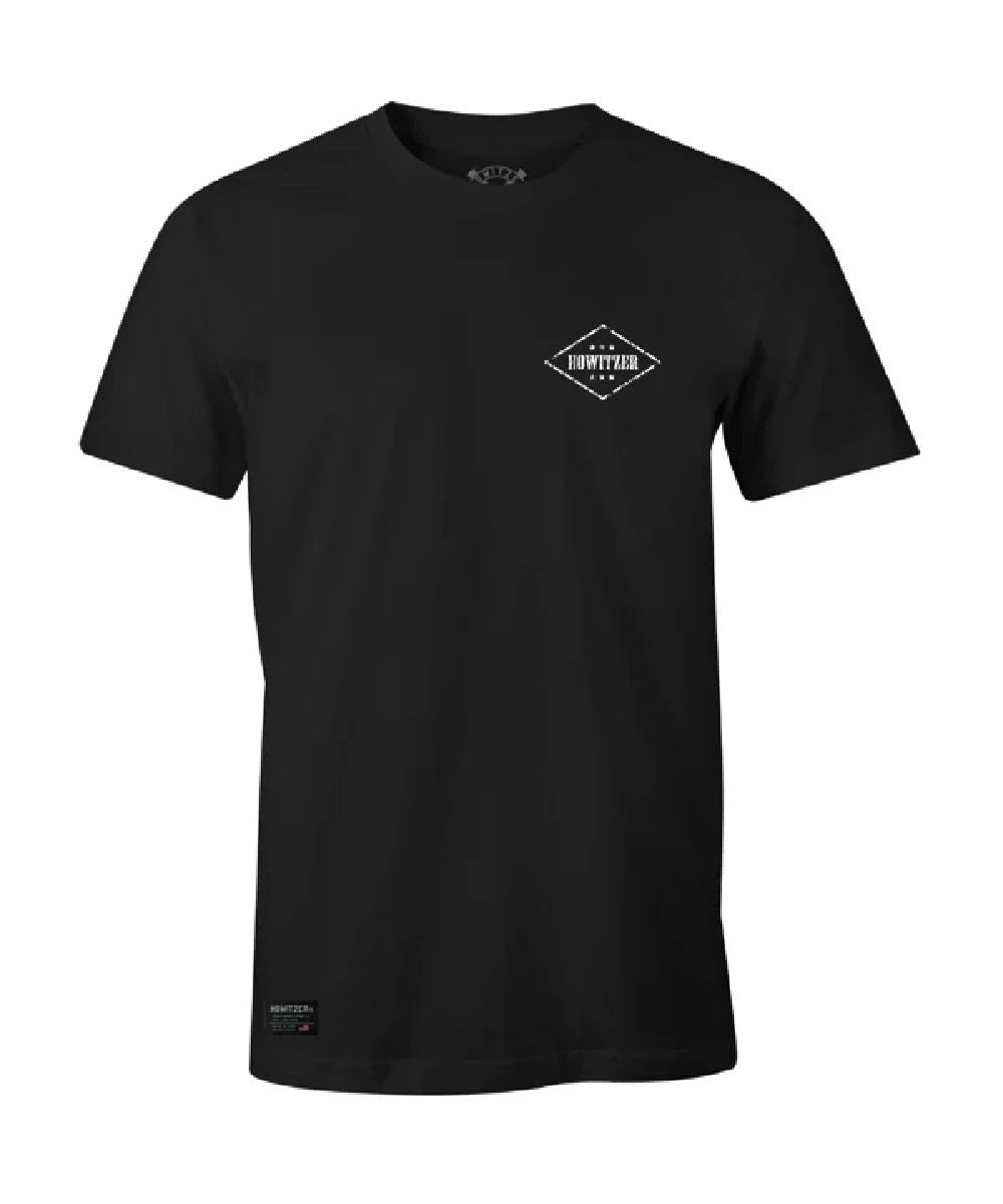Front view of the men's black short sleeve tee featuring the Howitzer logo screen printed at the left chest in white
