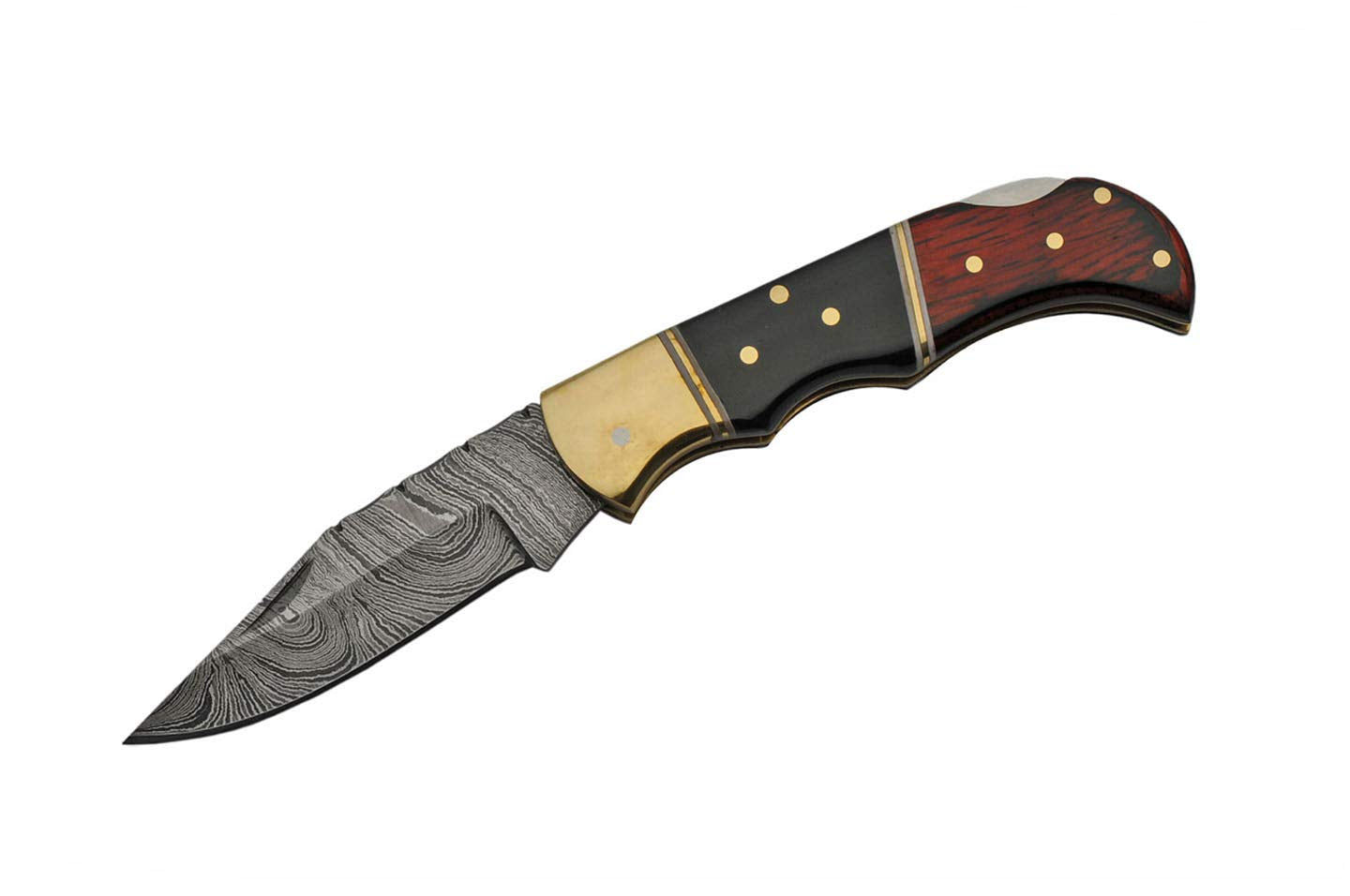 Double D Damascus Brown Black Wood Horn Handle Folding Pocket Knife