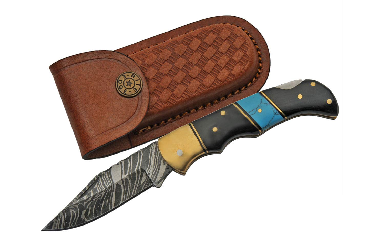Damascus Hunting Turquoise Horn Handle Folding Knife