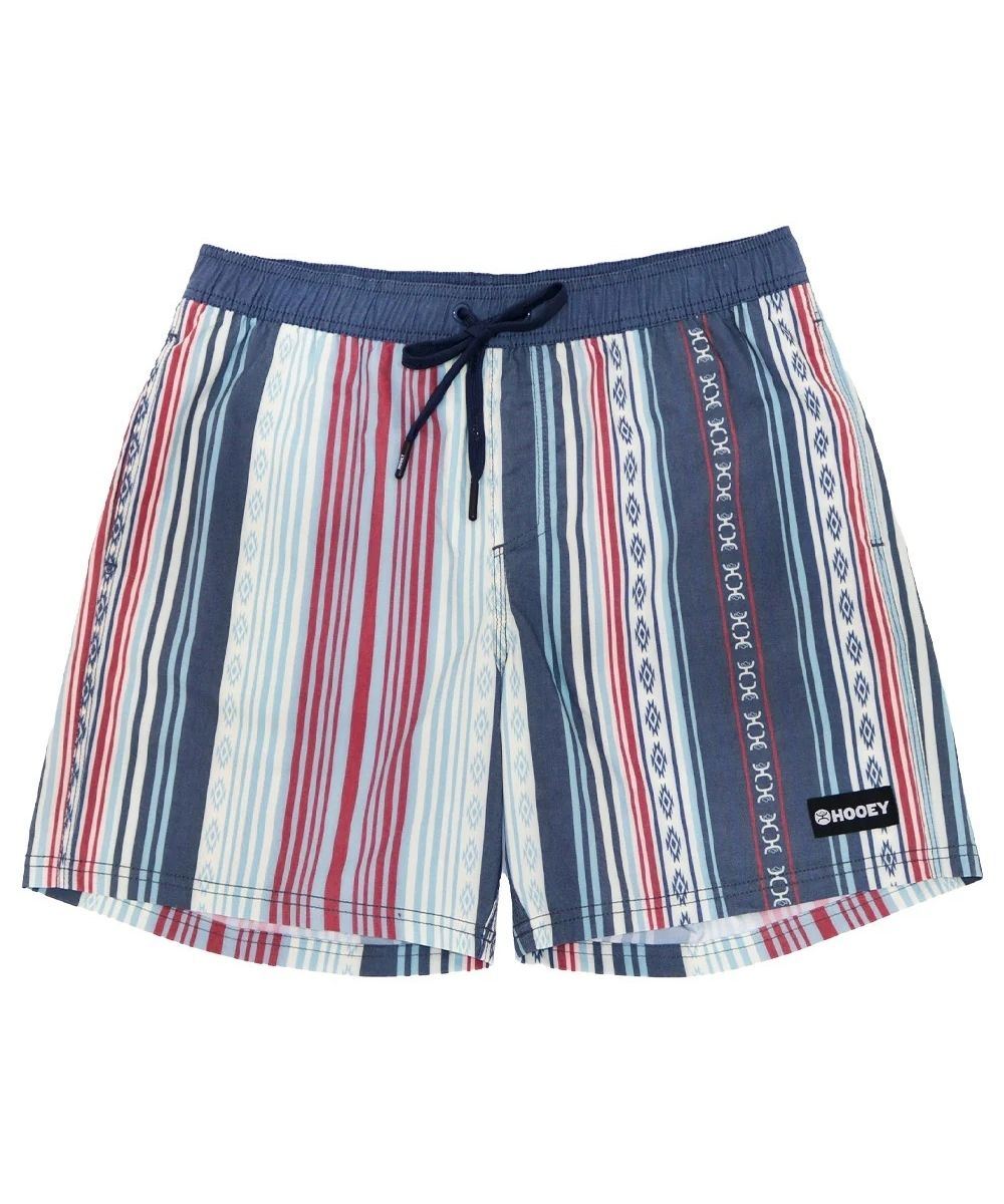 Front view of Hooey red, gray and blue striped board shorts with drawstring waist.