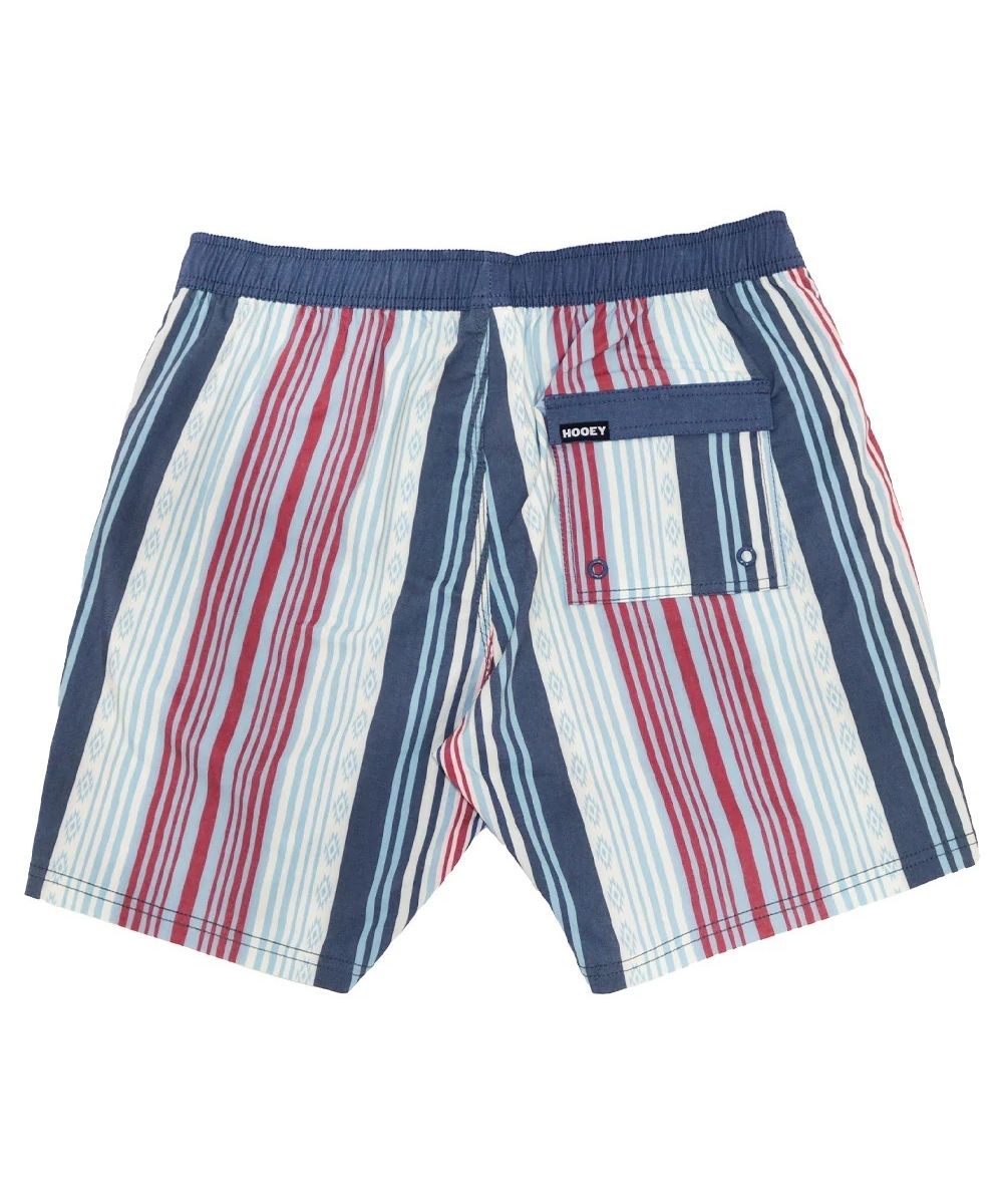 Back view of red, gray and blue striped board shorts with right side back pocket. 