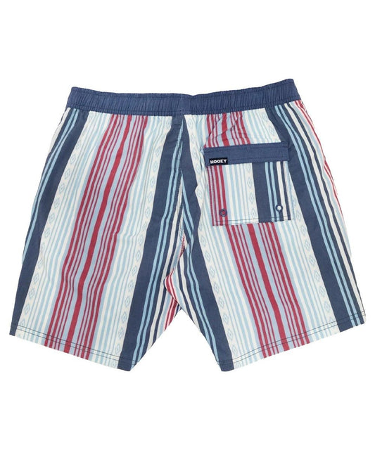 Back view of red, gray and blue striped board shorts with right side back pocket. 
