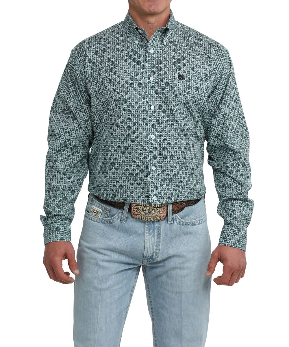 Front view of Green and white geometric print long sleeve single pocket Cinch men's button down shirt