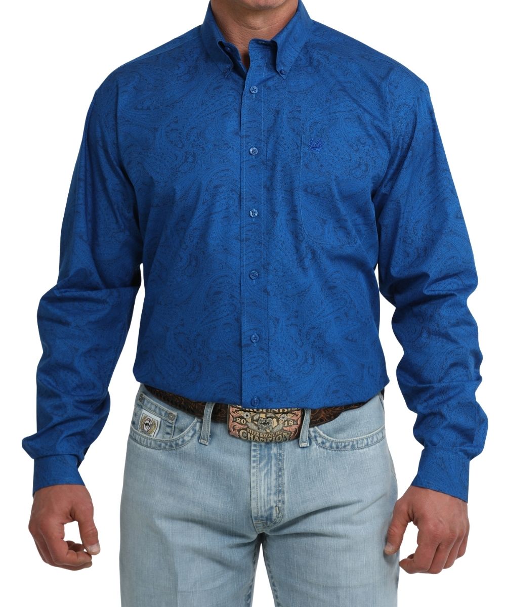 Front view cinch long sleeve royal blue paisley print single chest pocket button down shirt