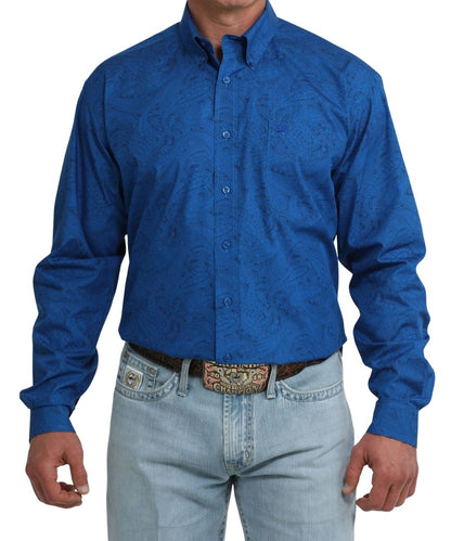 Front view cinch long sleeve royal blue paisley print single chest pocket button down shirt