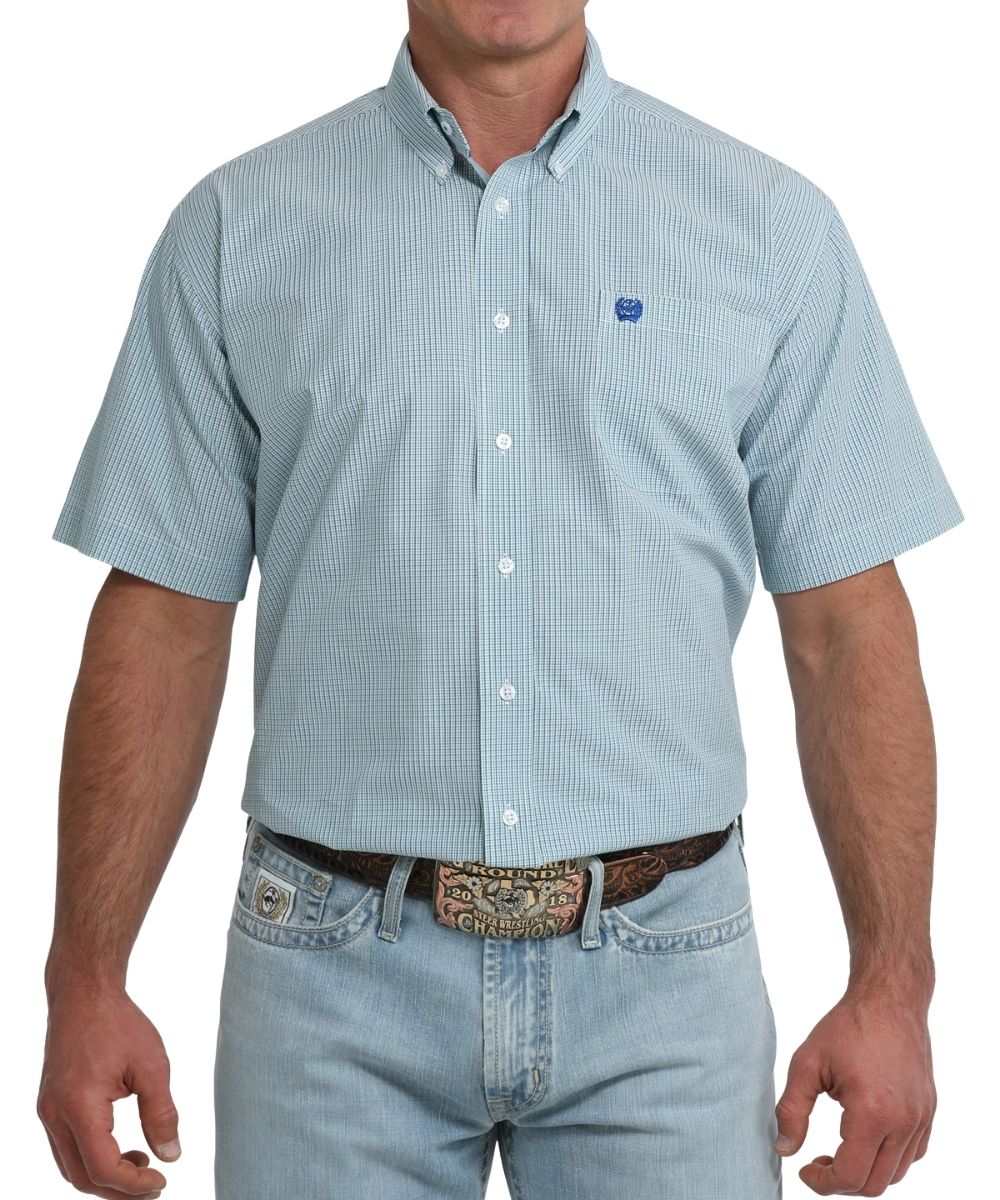 Front view of short sleeve light blue geometric print cinch button down shirt with single chest pocket