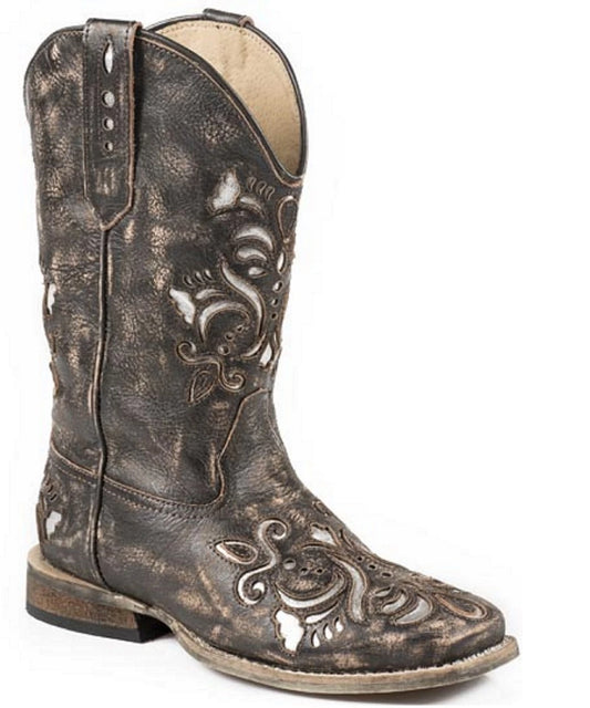 Roper Kids' Lazer Cut Silver Underlay Boot- Style #09-018-0901-0671 ! desc :  ! caption :