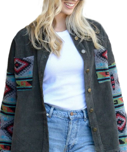 Esley Collection Women's Aztec Corduroy Shacket- Style #52228TOZ ! desc :  ! caption :