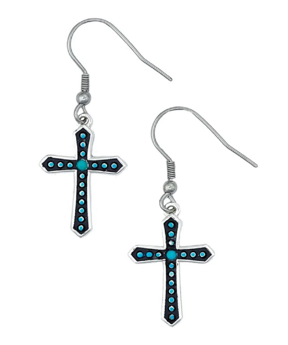 Montana Silversmiths Women's Turquoise Dotted Silver Cross Earrings- Style #ER1340 ! desc :  ! caption :