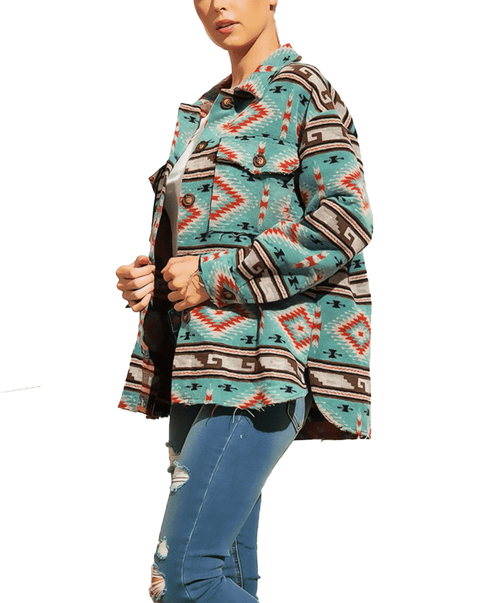 Sweet Generis Women's Teal Tribal Aztec Pattern Button Down Shacket- Style #JK8473T ! desc :  ! caption :