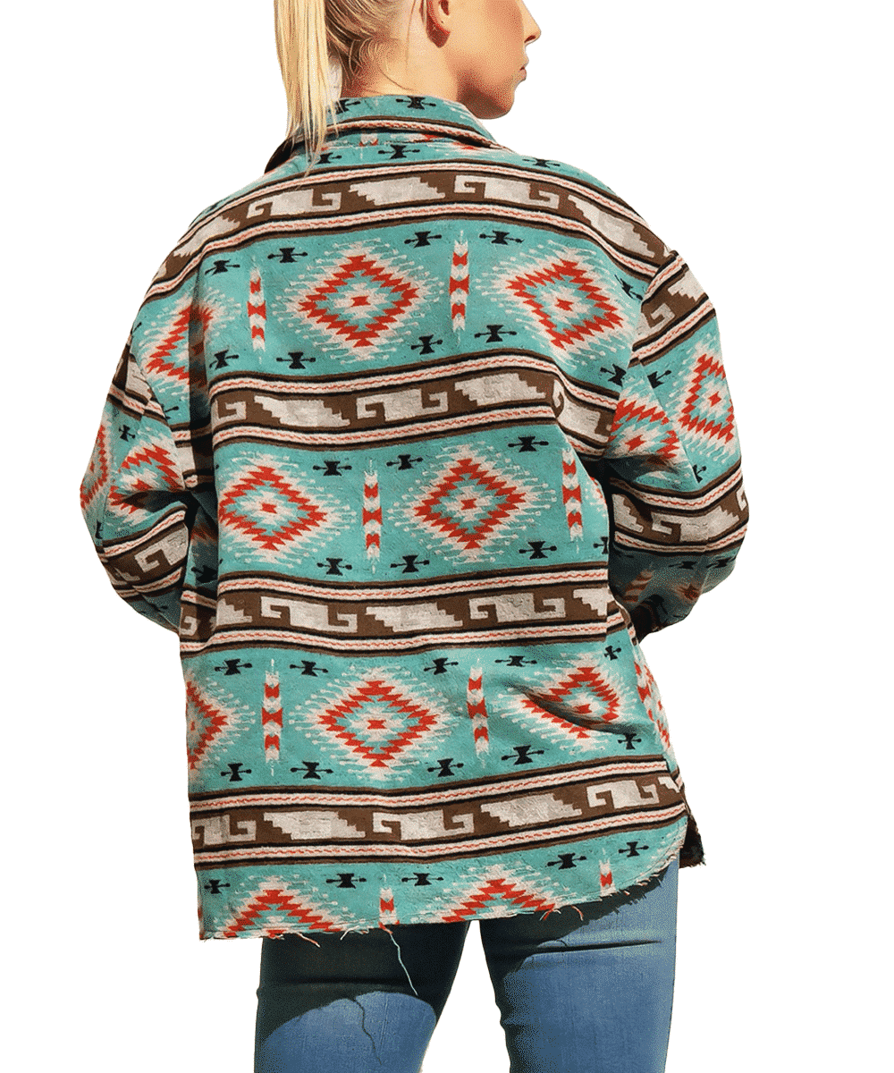 Sweet Generis Women's Teal Tribal Aztec Pattern Button Down Shacket- Style #JK8473T ! desc :  ! caption :