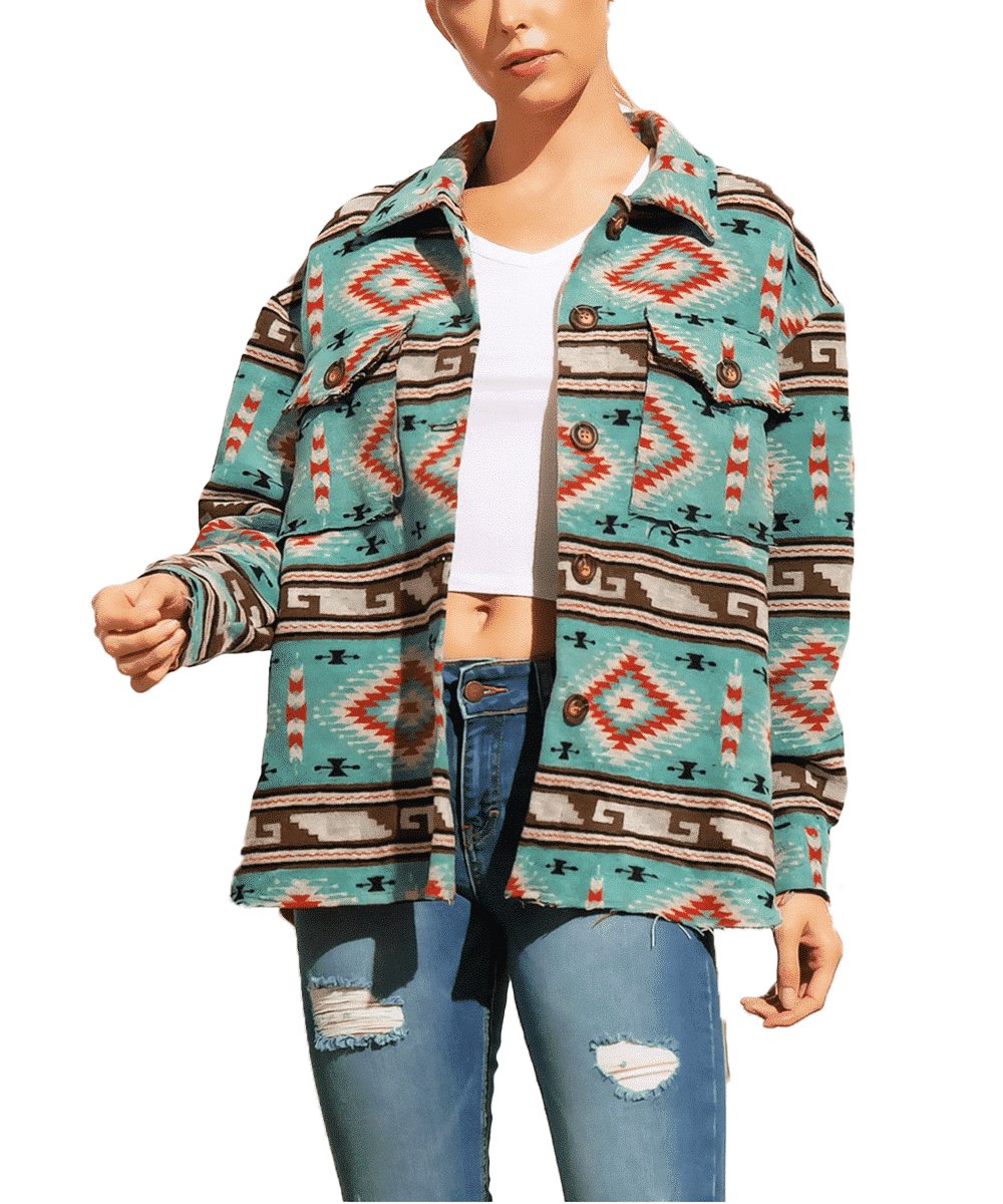 Sweet Generis Women's Teal Tribal Aztec Pattern Button Down Shacket- Style #JK8473T ! desc :  ! caption :