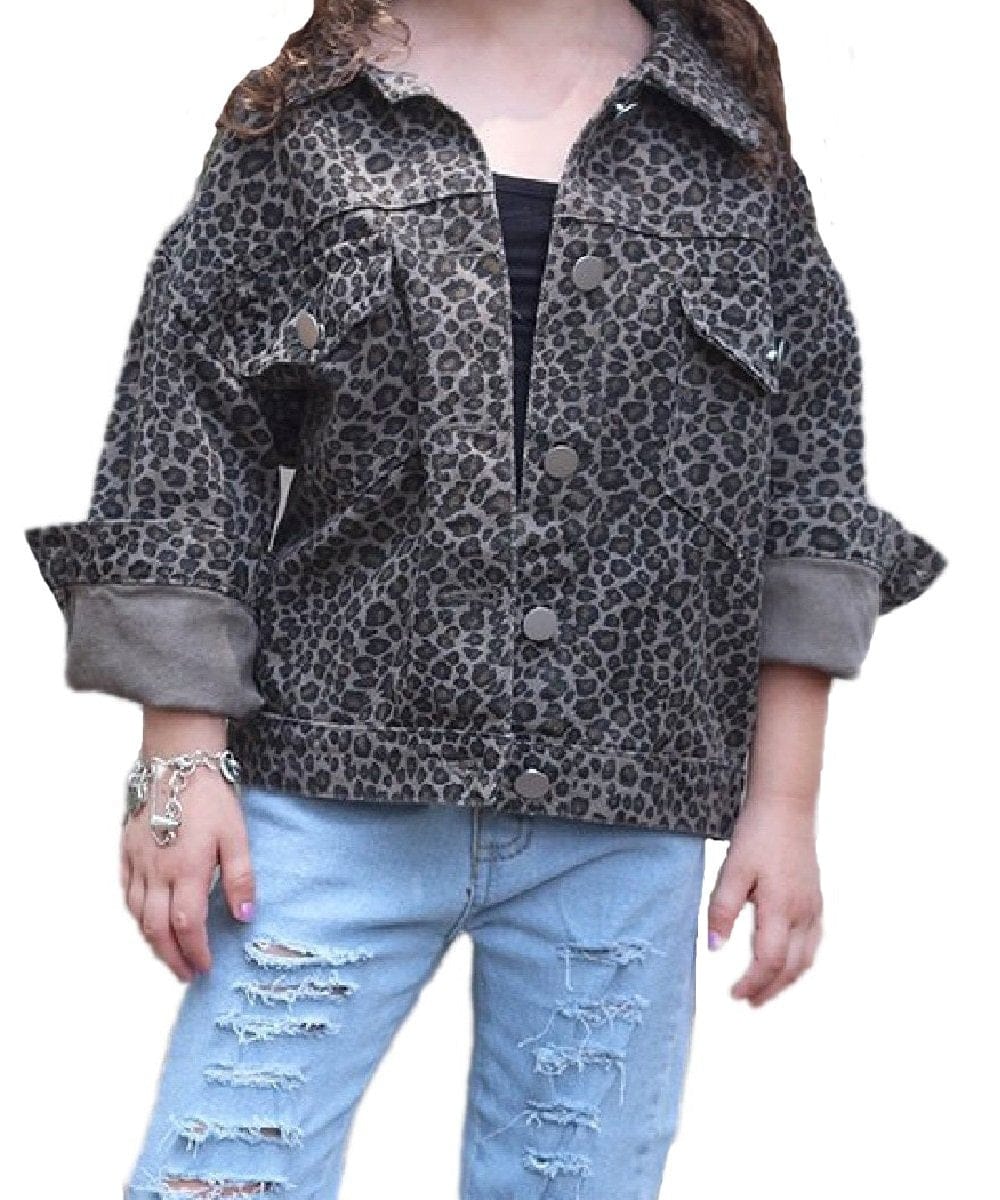Kids Charm Girls' Cheetah Print Denim Jacket- Style #WT-21-612437 ! desc :  ! caption :