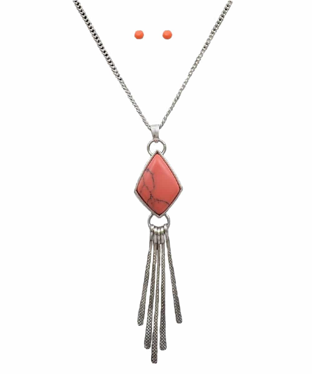 Silver Strike Women's Antique Silver And Coral Stone Necklace Set- Style #DEN1016SBCO ! desc :  ! caption :