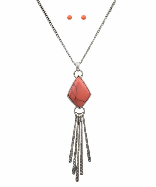 Silver Strike Women's Antique Silver And Coral Stone Necklace Set- Style #DEN1016SBCO ! desc :  ! caption :
