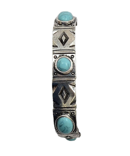 M&F Western Women's Antique Silver Aztec Stamped Stretch Bracelet- Style #DLB1341SBTQ ! desc :  ! caption :