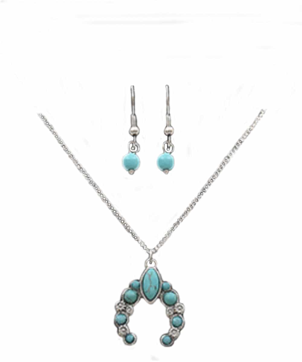 M&F Western Women's Turquoise Squash Blossom Necklace And Earring Set- Style #DNE0736SBTQ ! desc :  ! caption :