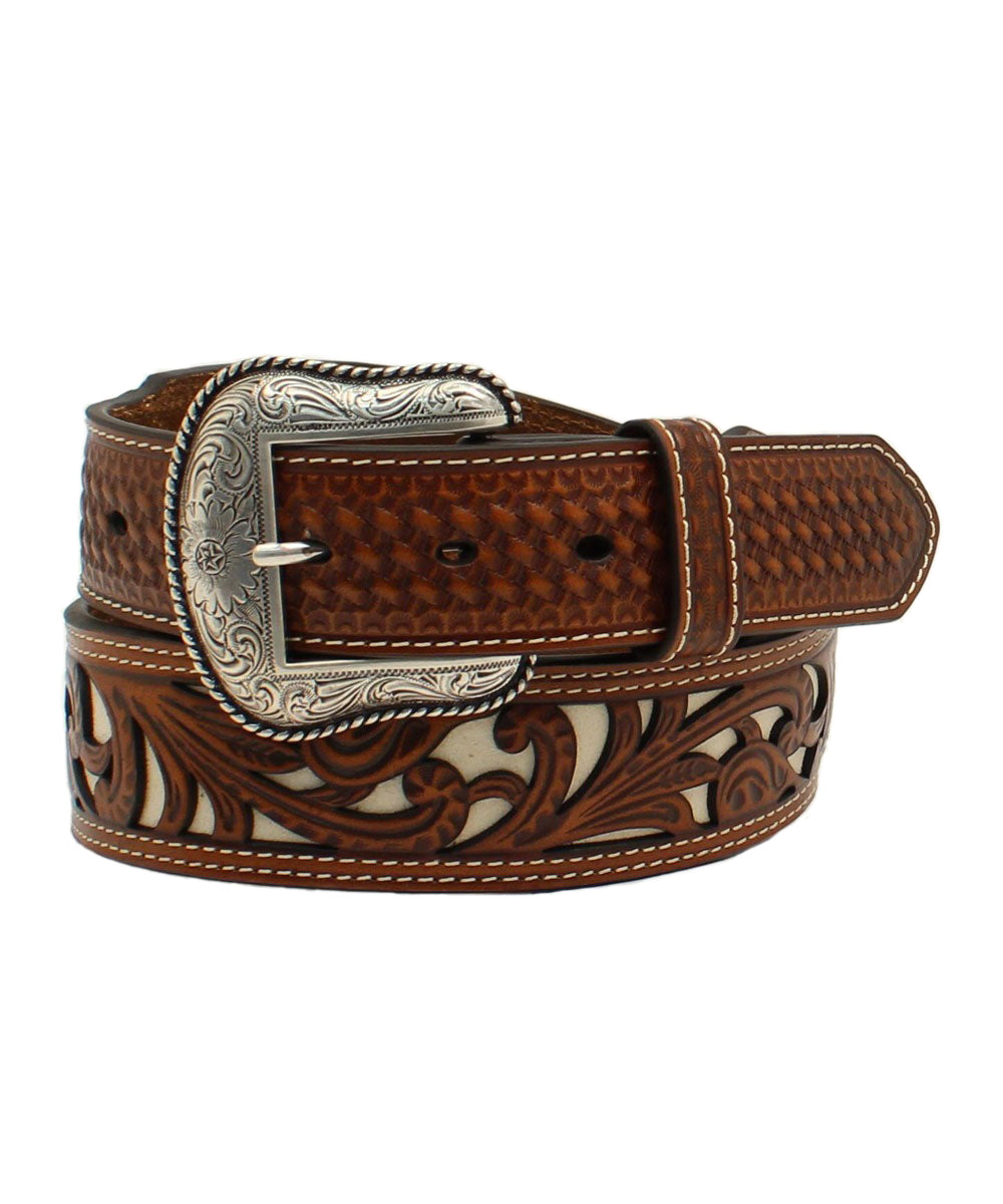 Nocona Men's Floral Pierced Double Stitch Belt- Style #N210003808 ! desc :  ! caption :