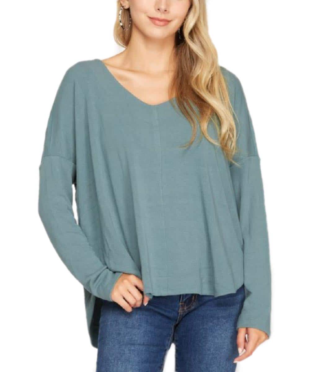 She & Sky Women's Slate Green Hi Low Knit Top- Style #SS7672 ! desc :  ! caption :
