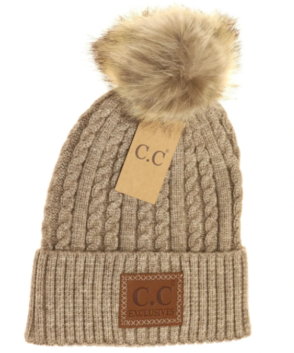 CCBeanie Double Braided Knit Faux Fur Pom Beanie- Style #HAT3478-Taupe