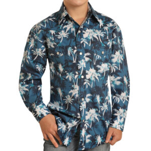Rock & Roll Cowboy Boys' Blue Palm Print Snap Shirt- Style #B8S9407